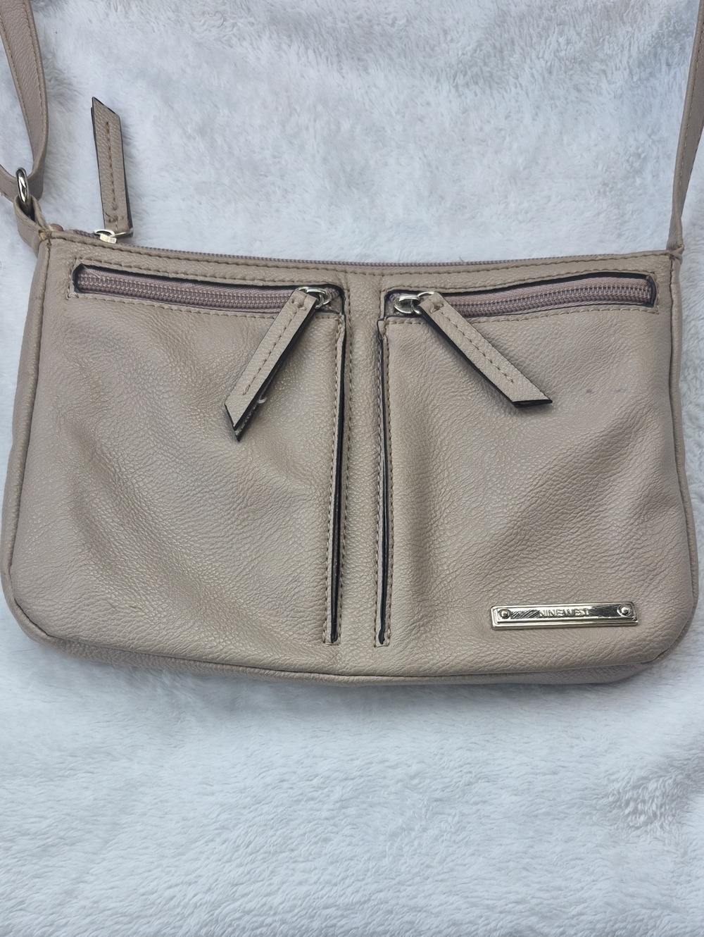 Nine West taupe crossbody with dual front zips